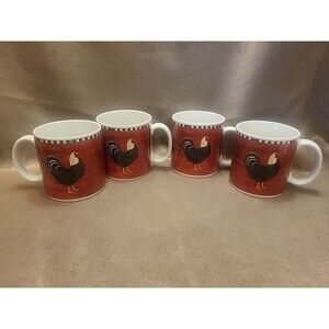 Vtg 1999 Rooster Warren Kimble By Sakura Ceramic 12 oz Mugs Red Country Farm
